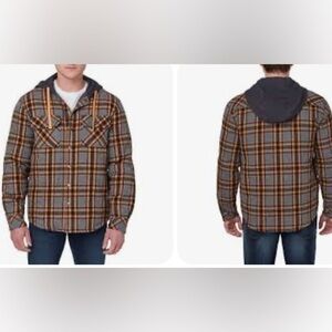 Legendary Outfitters Flannel Hooded Shirt Jacket grey orange Fall plaid Shacket